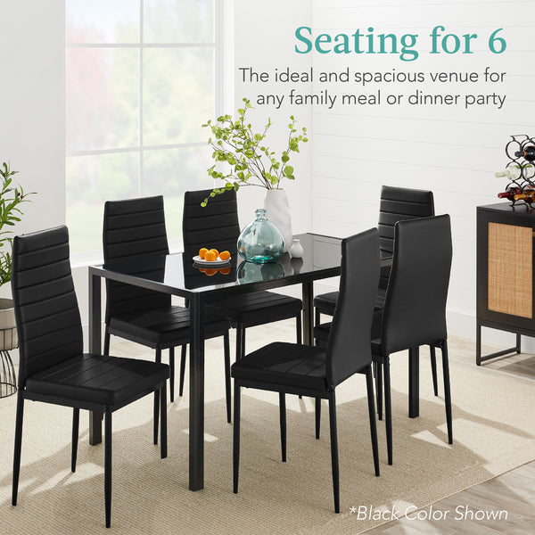 Best Choice 7-Piece Dining Table Set W/ Glass Top Leather Chairs