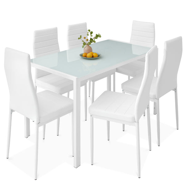 best choice 7-Piece Dining Table Set w/ Glass Top Leather Chairs