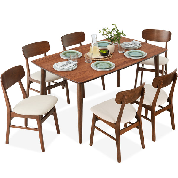best choice 7-Piece Mid-Century Modern Dining Set Wood Upholstered w/ 6 Chairs