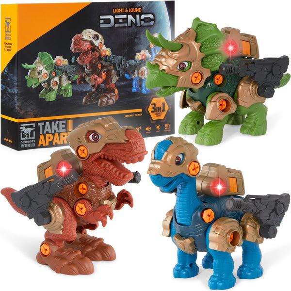 best choice 86-Piece Pack of 3 Toy Dinosaurs STEM Set w/ Lights & Sounds Movable Parts