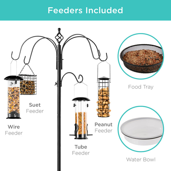 Best Choice Bird Feeding Station 6-Hook Steel Multi-Feeder Stand W/ 4 Feeders - 89in