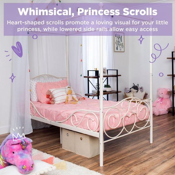 Best Choice Classic 4-Post Metal Canopy Twin Bed Frame W/ Heart Scroll Design