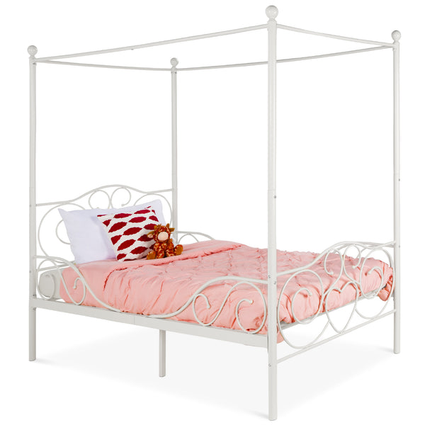 best choice Classic 4-Post Metal Canopy Twin Bed Frame w/ Heart Scroll Design