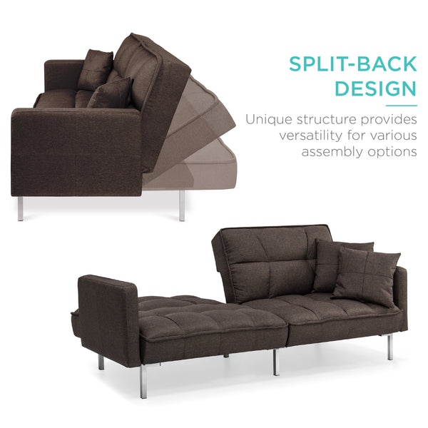Best Choice Convertible Linen Tufted Futon W/ 2 Plush Pillows Split-Back Design