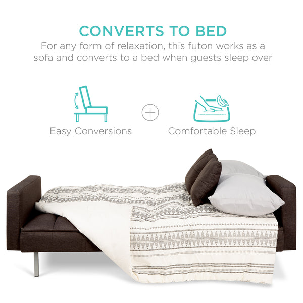 Best Choice Convertible Linen Tufted Futon W/ 2 Plush Pillows Split-Back Design