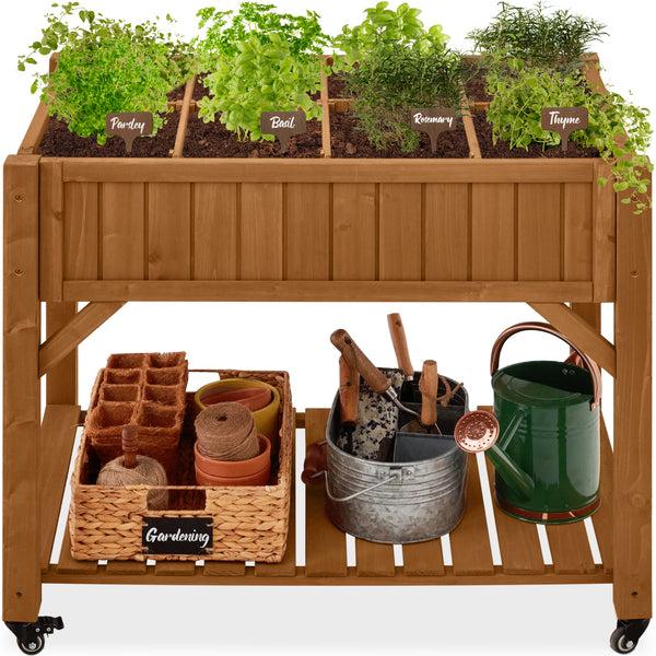 best choice Elevated Mobile Pocket Herb Garden Bed w/ Lockable Wheels Storage Shelf