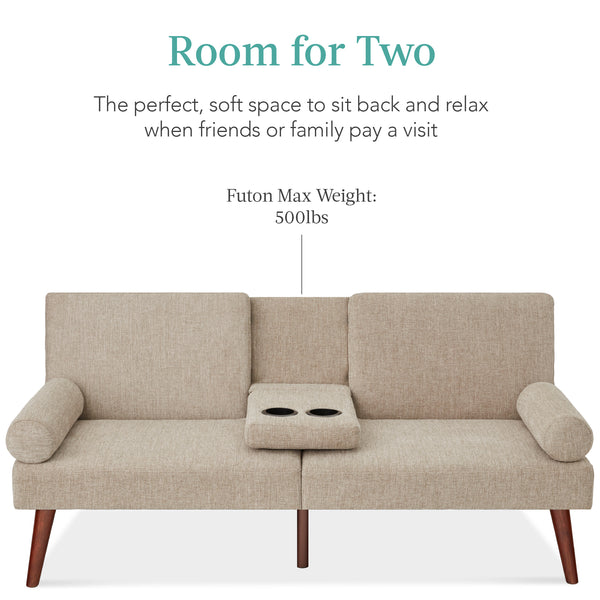 Best Choice Fabric Upholstered Convertible Futon W/ Rounded Armrests 2 Cupholders