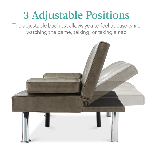 Best Choice Faux Leather Upholstered Convertible Sofa Bed Futon W/ 2 Cupholders