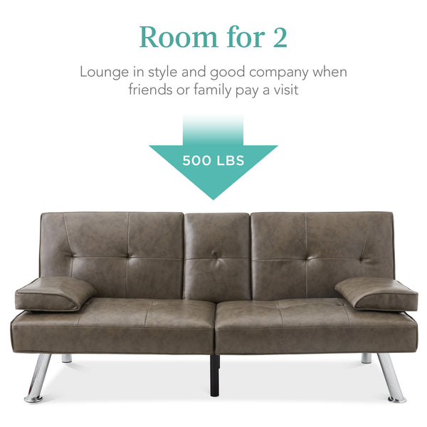 Best Choice Faux Leather Upholstered Convertible Sofa Bed Futon W/ 2 Cupholders