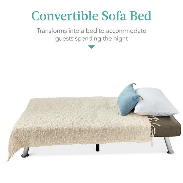 Best Choice Faux Leather Upholstered Convertible Sofa Bed Futon W/ 2 Cupholders