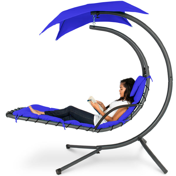 best choice Hanging Curved Chaise Lounge Chair w/ Built-In Pillow Removable Canopy