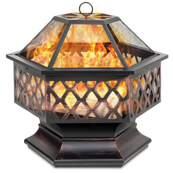 best choice Hex-Shaped Outdoor Fire Pit w/ Flame-Retardant Lid - 24in