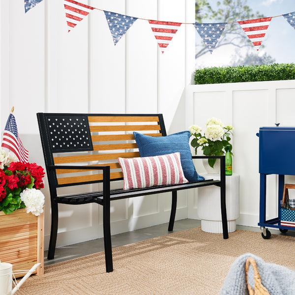 Best Choice Indoor Outdoor Steel Bench W/ American Flag Backrest 790lb Capacity