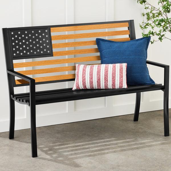 best choice Indoor Outdoor Steel Bench w/ American Flag Backrest 790lb Capacity