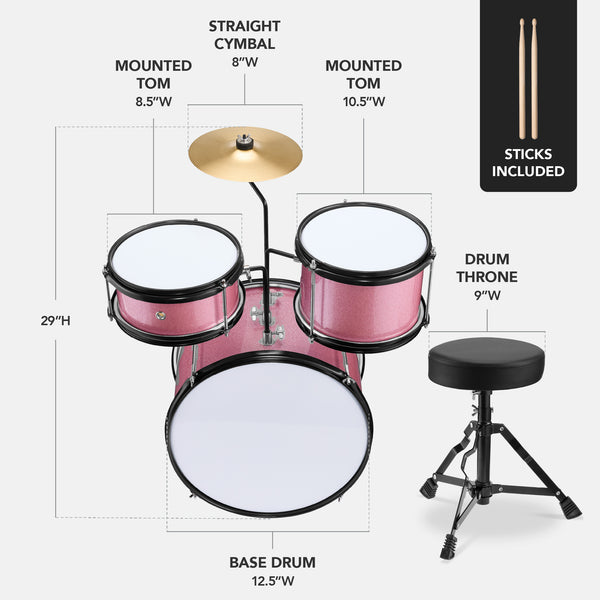 Best Choice Kids Beginner 3-Piece Drum Musical Instrument Set W/ Sticks Stool Pedal