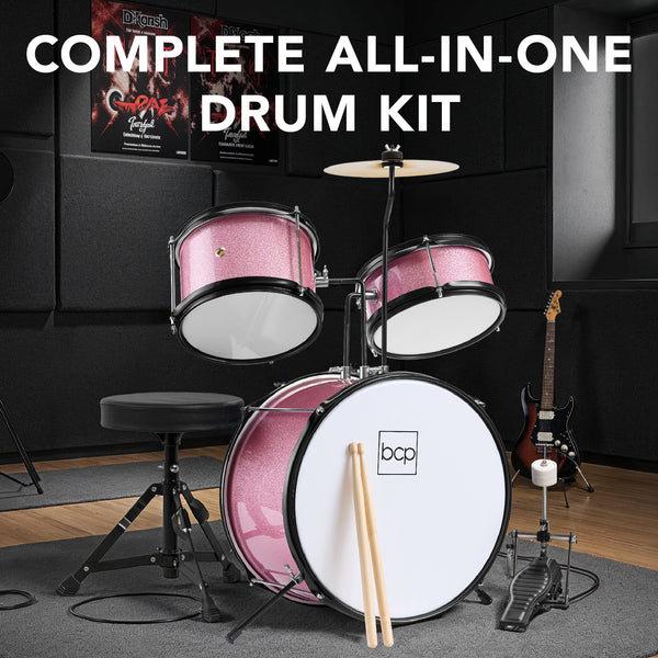Best Choice Kids Beginner 3-Piece Drum Musical Instrument Set W/ Sticks Stool Pedal