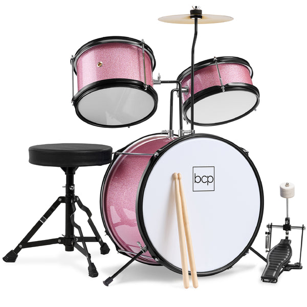 best choice Kids Beginner 3-Piece Drum Musical Instrument Set w/ Sticks Stool Pedal