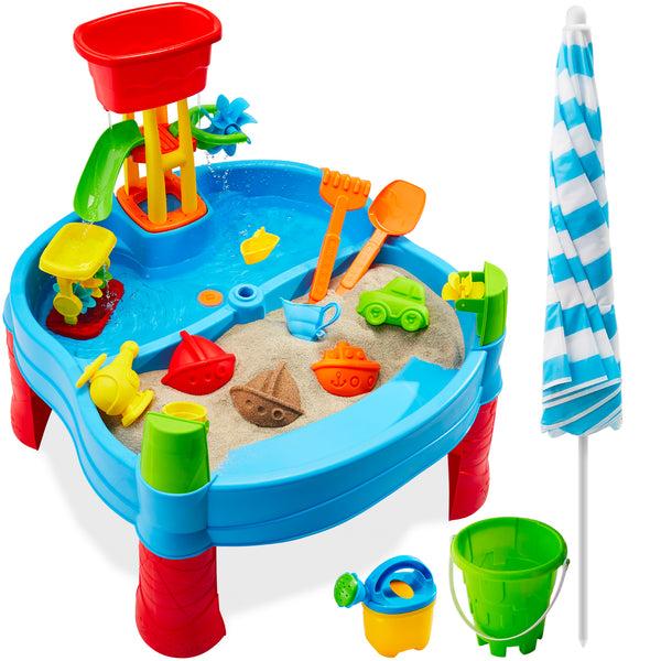 best choice Kids Outdoor Sand & Water Table w/ 18 Accessories Adjustable Umbrella
