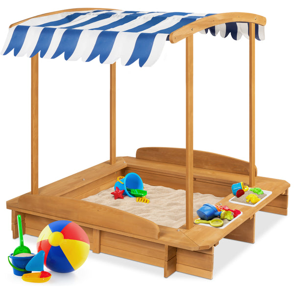 best choice Kids Wooden Cabana Sandbox w/ Benches Canopy Shade Sand Cover 2 Buckets
