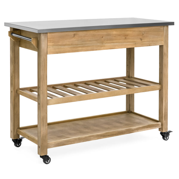 Best Choice Kitchen Island Storage & Bar Cart W/ Stainless Steel Top - Rustic Wood