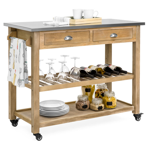 best choice Kitchen Island Storage & Bar Cart w/ Stainless Steel Top - Rustic Wood