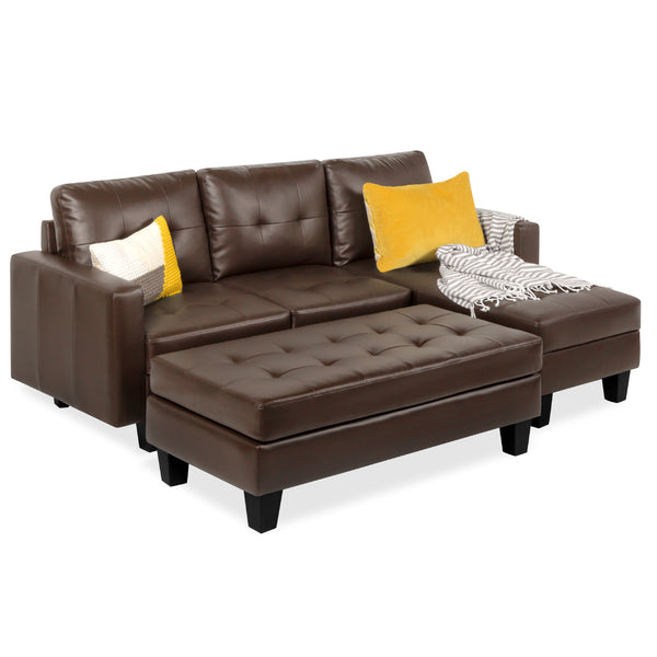 best choice L-Shape Customizable Faux Leather Sofa Set w/ Ottoman Bench