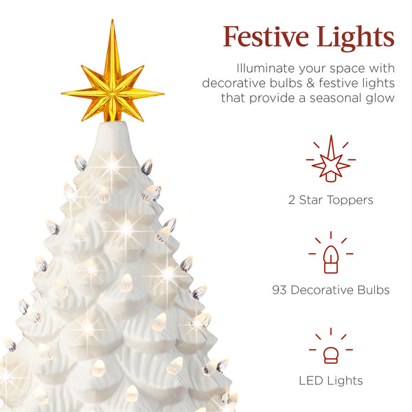 Best Choice Large Pre-Lit Ceramic Christmas Tree Decoration W/ LED Light Timer - 18in