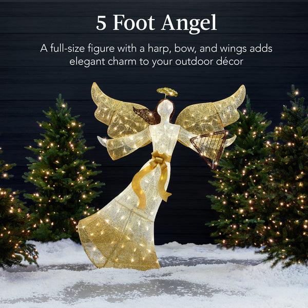 Best Choice Lighted Outdoor Angel Christmas Decoration W/ 140 Lights Harp Stakes - 5ft