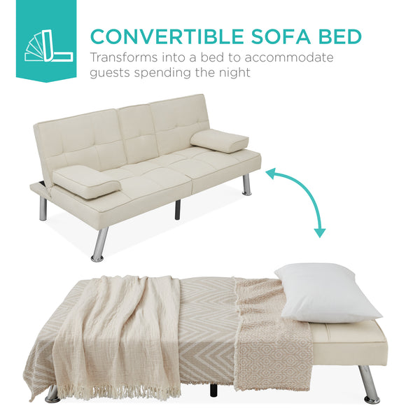 Best Choice Linen Upholstered Convertible Sofa Bed Futon W/ 2 Cupholders