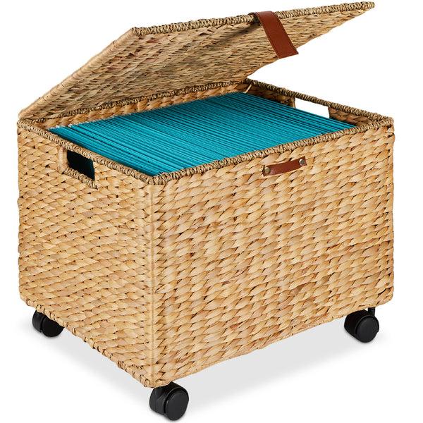 best choice Mobile Water Hyacinth Rolling Filing Cabinet Storage Basket w/ Lid Wheels