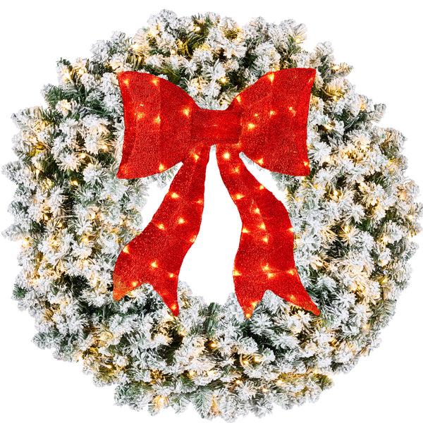 best choice Pre-Lit Flocked Artificial Fir Christmas Wreath w/ Red Bow LED Lights