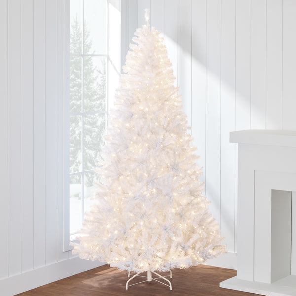best choice Pre-Lit Hinged Artificial White Pine Christmas Tree w/ Lights Metal Stand