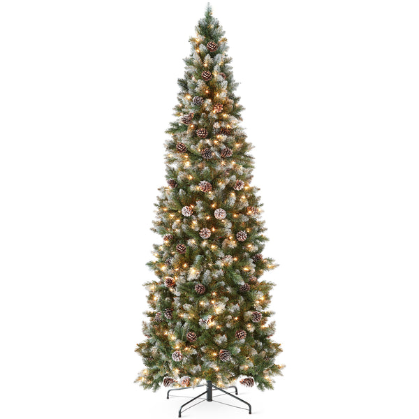 best choice Pre-Lit Partially Flocked Pencil Christmas Tree w/ Pine Cones Metal Stand
