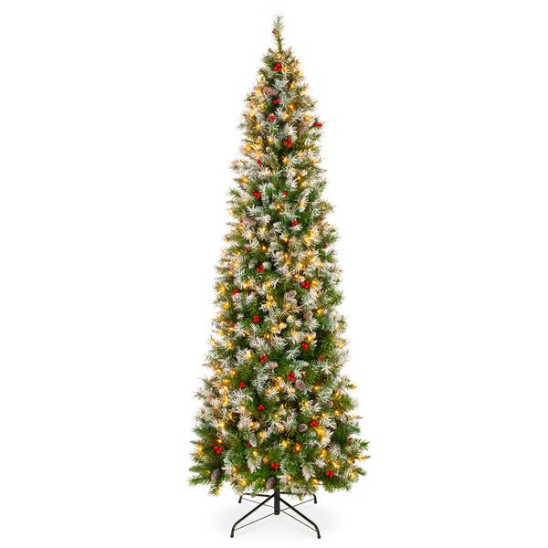 best choice Pre-Lit Partially Flocked Spruce Pencil Tree w/ Berries Pine Cones