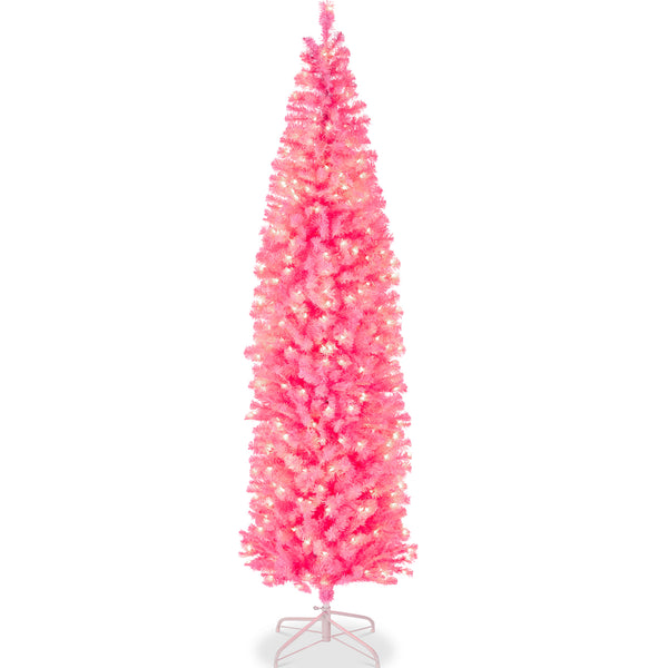 best choice Pre-Lit Pink Artificial Pencil Holiday Tree w/ Warm White Lights Stand