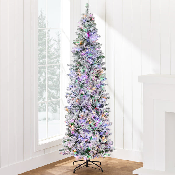 best choice Pre-Lit Snow Flocked Artificial Pencil Christmas Tree w/ Multicolor Lights