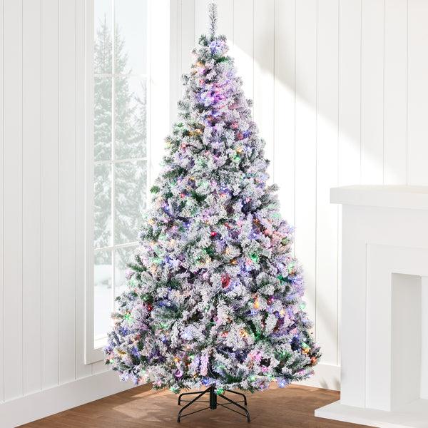 best choice Pre-Lit Snow Flocked Artificial Pine Christmas Tree w/ Multicolored Lights