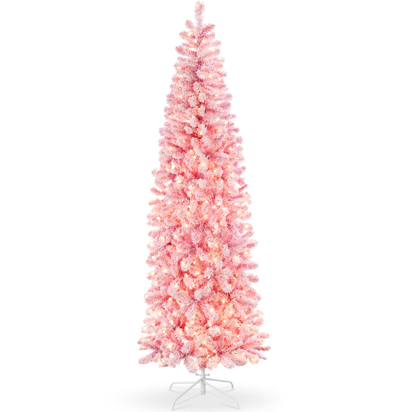 best choice Pre-Lit Snow Flocked Pink Artificial Pencil Christmas Tree