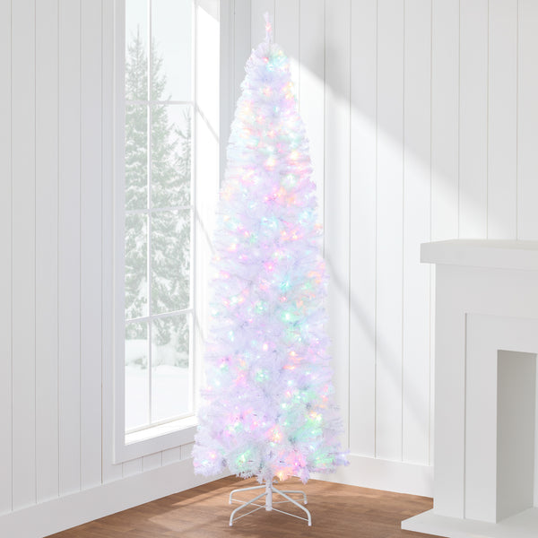 best choice Pre-Lit White Pencil Christmas Tree w/ Metal Base 2-in-1 Multicolor Lights