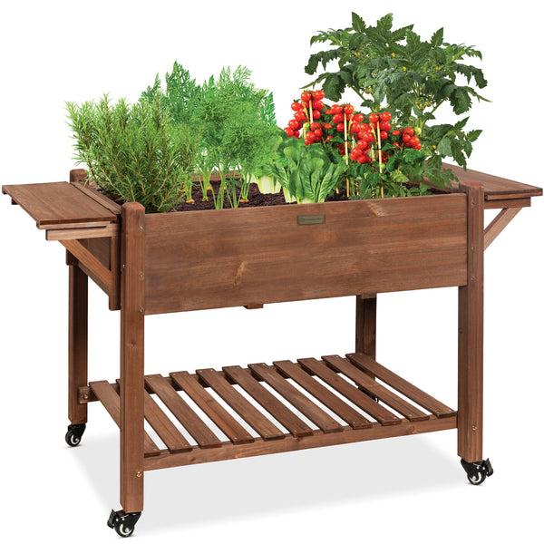best choice Pre-Stained Mobile Raised Garden Bed Elevated Wood Planter Stand 57x20x33in