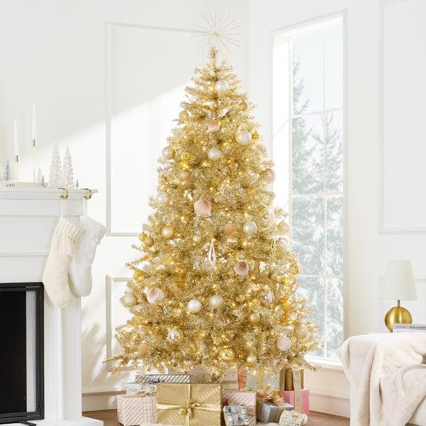 best choice Prelit Gold Artificial Tinsel Christmas Tree w/ Foldable Stand