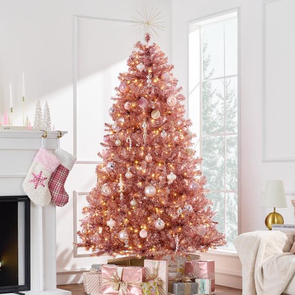 best choice Prelit Pink Artificial Tinsel Christmas Tree w/ Foldable Stand