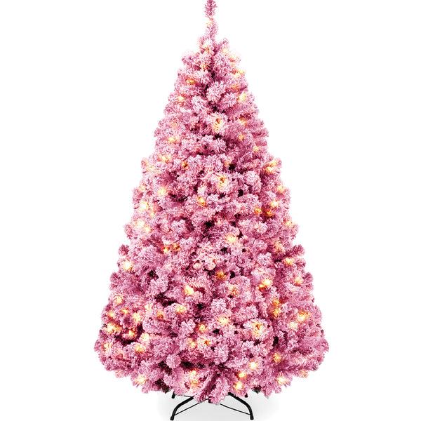 best choice Prelit Pink Christmas Tree Snow Flocked Full Holiday Decor w/ Metal Base