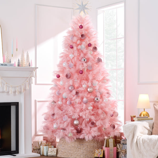 best choice Premium Artificial Pink Pampas Christmas Tree w/ Foldable Metal Base