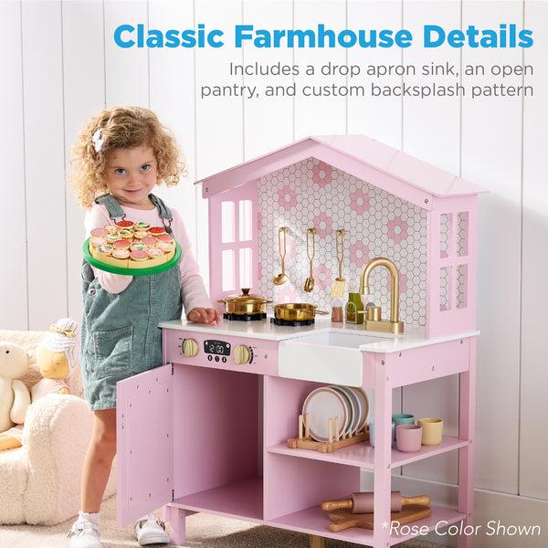 Best Choice Pretend Play Wooden Farmhouse Kitchen Set W/ Storage 5 Accessories