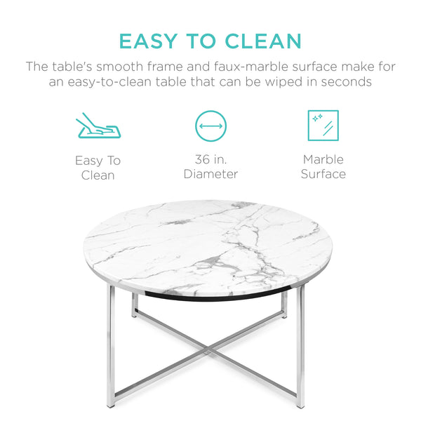 Best Choice Round Coffee Table W/ Faux Marble Top Metal Frame - 36in
