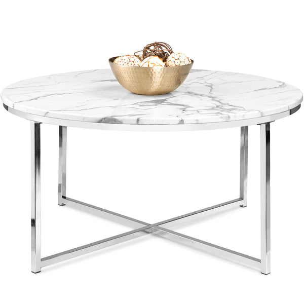 best choice Round Coffee Table w/ Faux Marble Top Metal Frame - 36in