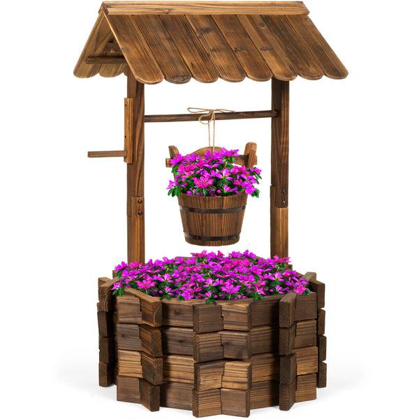 best choice Rustic Wooden Wishing Well Planter Yard Decoration w/ Hanging Bucket