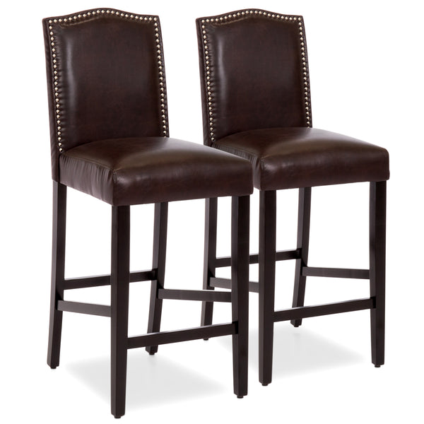 best choice Set of 2 30in Faux Leather Counter Height Bar Stools w/ Studded Trim Back