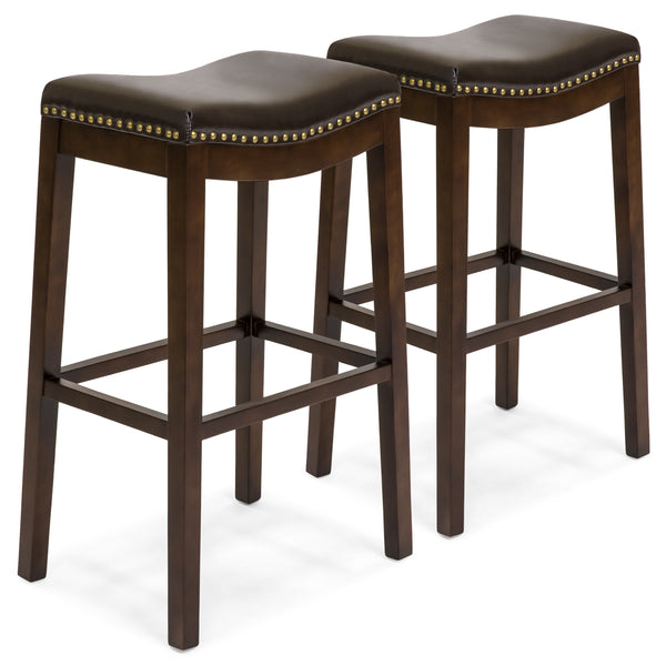 best choice Set of 2 31in Backless Bar Stool Accent Chairs w/ Faux Leather Brass Studs